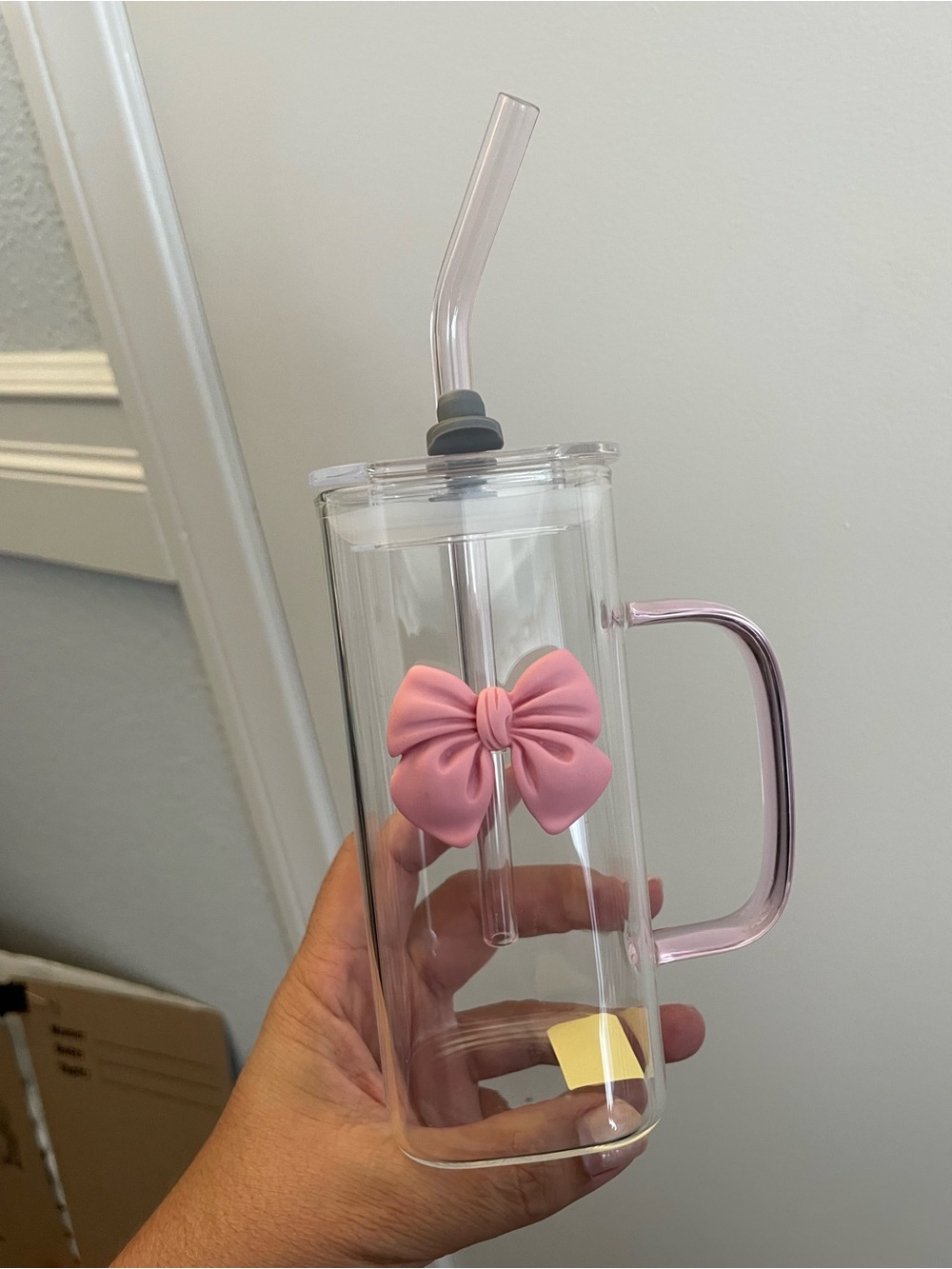 Pink Bow Glass Straw small Tumbler with Handle - Clear with metallic Pink Accent